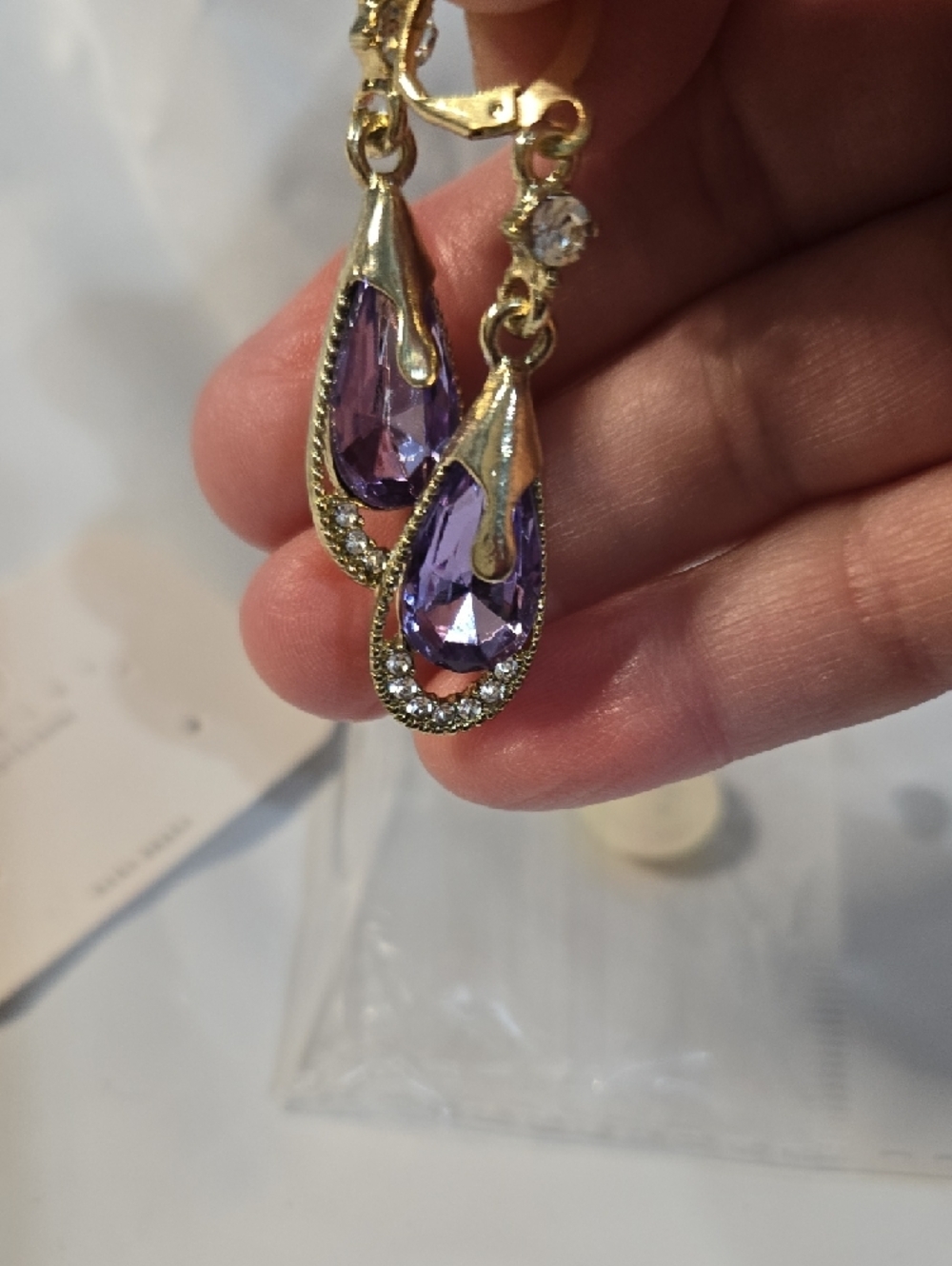 Fashion Jewelry Gold Drop Earrings with Purple Stones ☆ - Picture 5 of 5